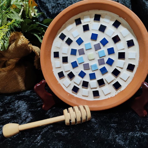Domi handmade ceramic plate with glass mosaic and wooden honey spoon