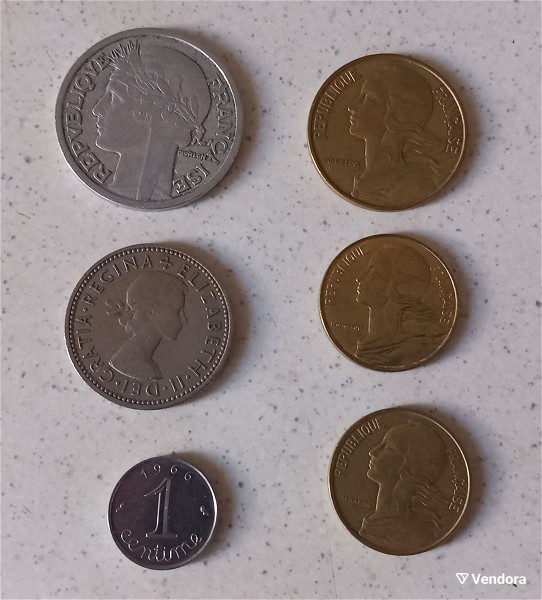  France, 2 Francs 1950, 20 Centimes 1964, 10 Centimes 1996,10 Centimes 1963, 1 Centime 1966
