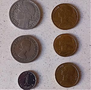France, 2 Francs 1950, 20 Centimes 1964, 10 Centimes 1996,10 Centimes 1963, 1 Centime 1966