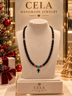 CELA Black & Turquoise Cross χειροποίητο κολιέ με ημιπολύτιμους λίθους