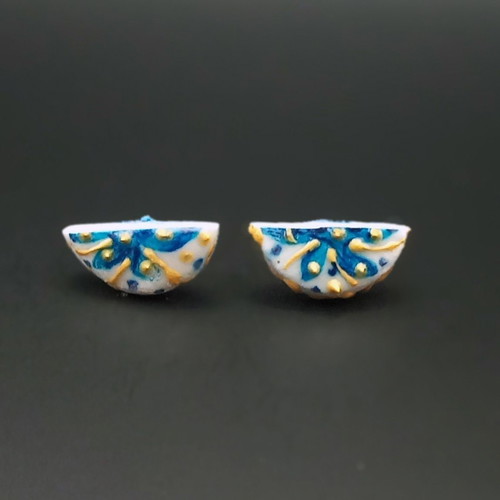 Handmade Ceramic Earrings with Painted Patterns and Glass Coating