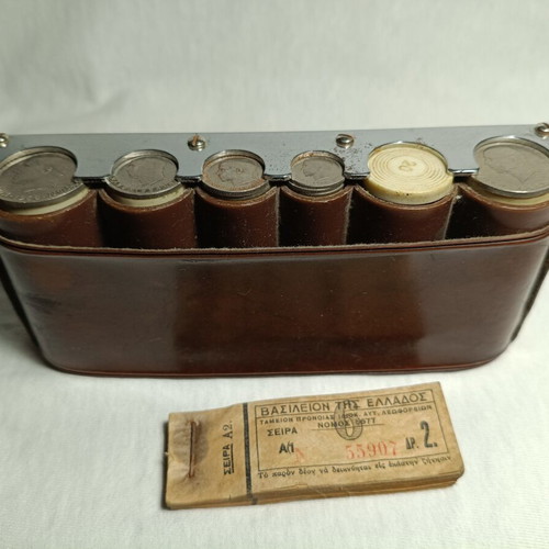 Bus Conductor Coin Case from 1960s with Coins and Ticket Bundle used