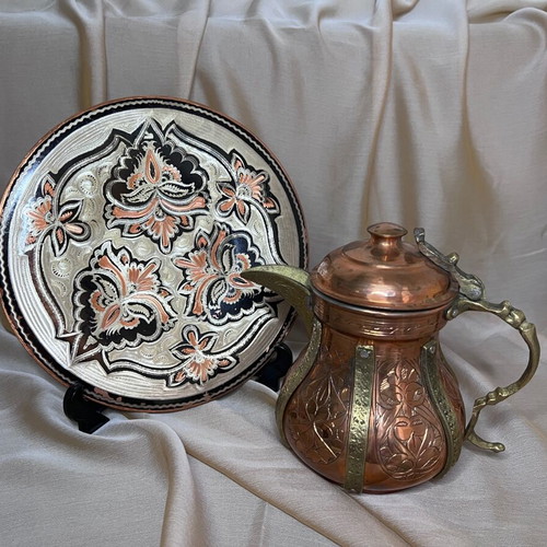 Vintage Copper Decorative Set with Plate and Jug Like New