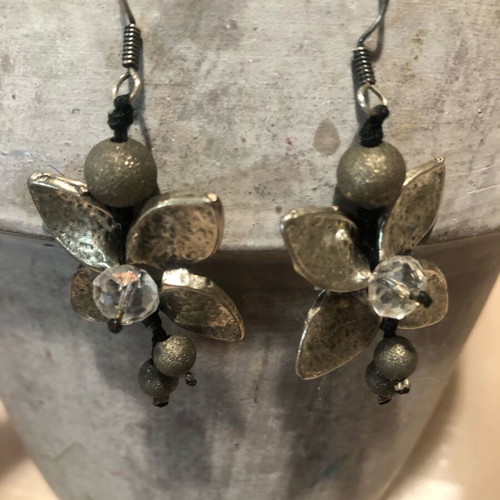 Handmade long flower earrings used, silver color