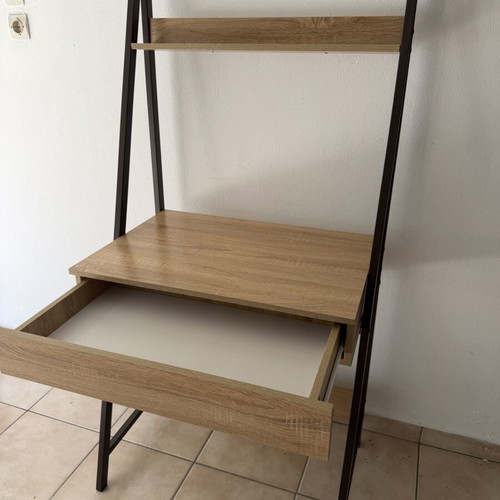 Desk with wooden surface, metal frame and drawer