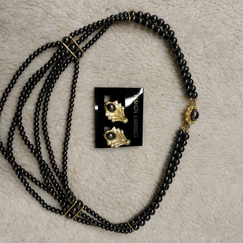 Hematite necklace and clip-on earrings new, gray and gold