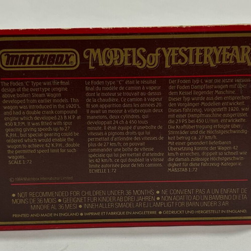 Matchbox 1984 Models of Yesteryear Y-27 1922 Foden Steam Wagon like new