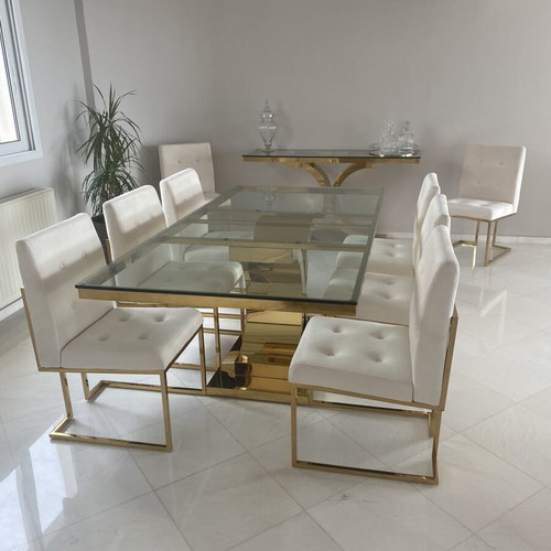 Elegant custom-made dining room set with glass table and 8 chairs