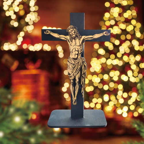 Handmade cross with embossed Jesus figure on laser cut wood