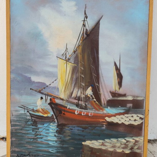 Oil painting used on canvas with seascape and fishing boats