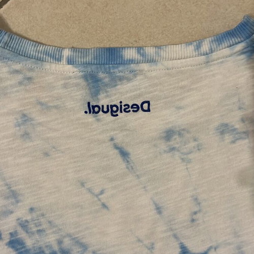 Desigual Women T-Shirt blue tie-dye paisley embroidered print size S like new