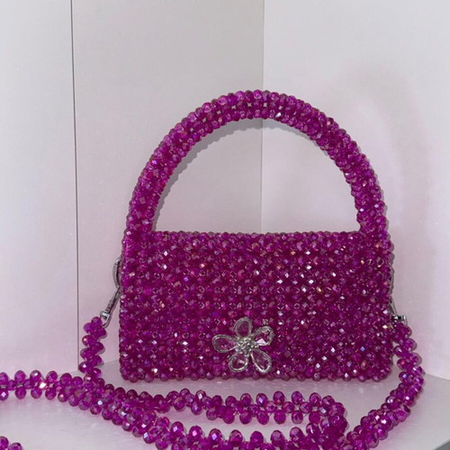 Handmade shoulder bag with crystal beads in fuchsia-pink