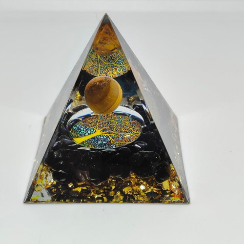 Handmade Orgonite Pyramid with Tiger's Eye and Tree of Life