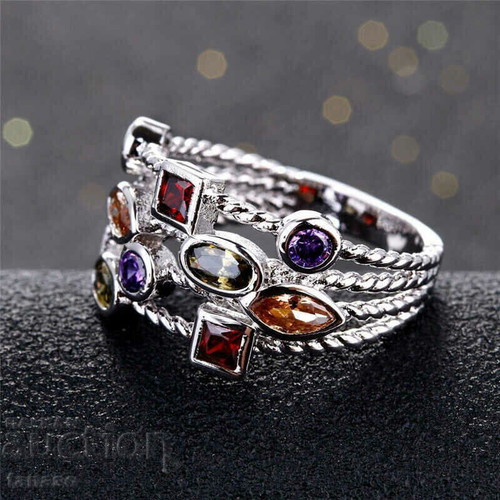 Women's multicolor ring new, silver with moonstone and crystal