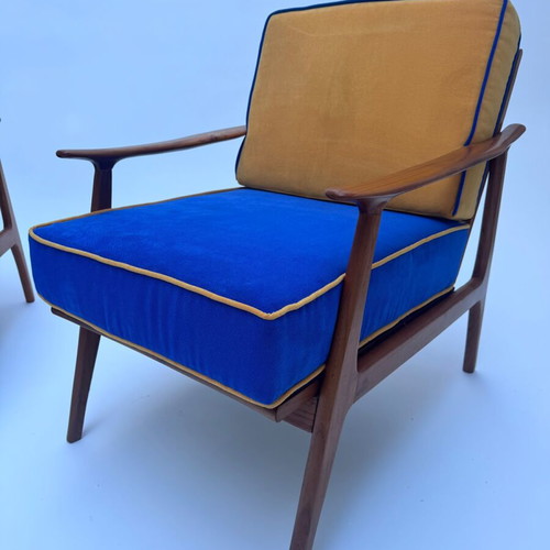 Mid century lounge chairs, pair of 2, refurbished finish