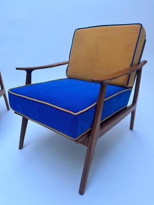 Mid century lounge chairs, pair of 2, refurbished finish