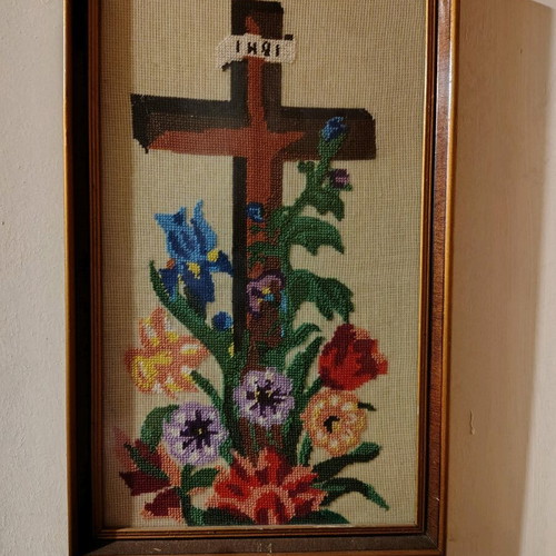 Crucifixion embroidery set of 3 like new, framed