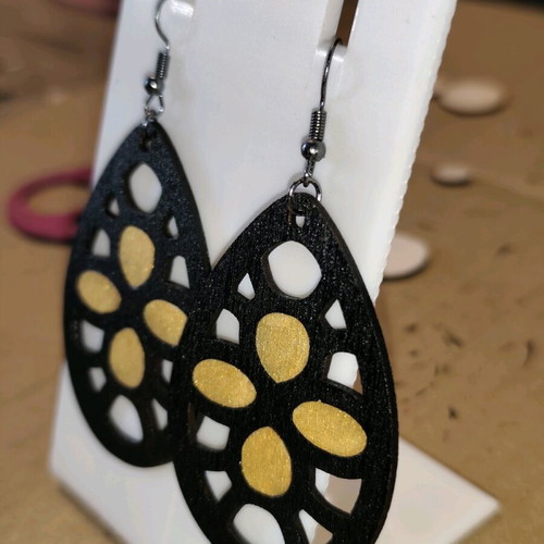 Handmade wooden Tear-Drop earrings with gold inlay new