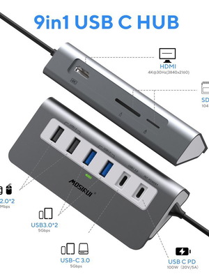 USB C Hub Mosirui 9-σε-1 νέος με 4K HDMI, 5Gbps Type C 3.0 και 100W PD