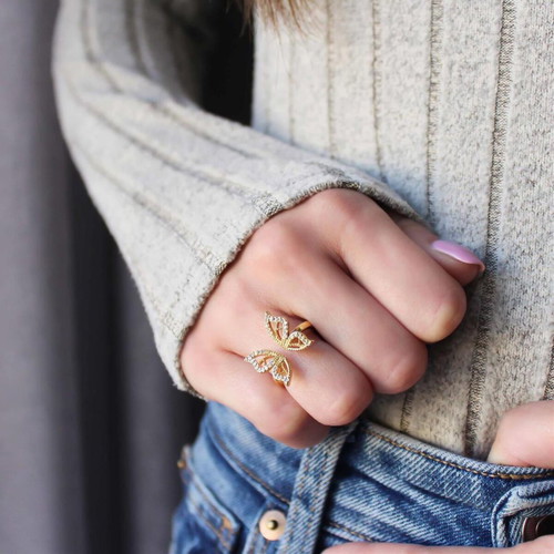 Butterfly Gold-Plated Ring with Zirconia Adjustable New