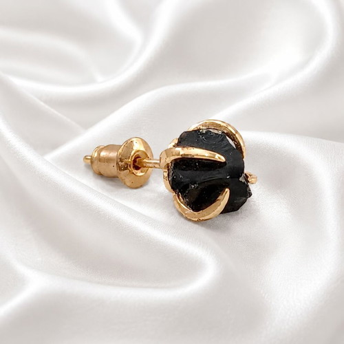 Handmade earrings gold-plated brass and raw obsidian, new
