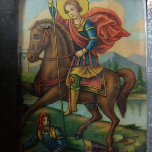 Saint Demetrios Thessaloniki vintage icon set with holy water bottle used