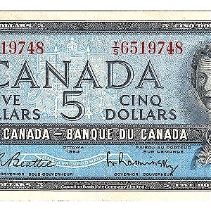 Ένα Συλλεκτικό Χαρτονόμισμα 5 Δολαρίων Καναδά σε Πολύ Καλή Κατάσταση, (Canada Banknote 5 Dollar 1954, Queen Elizabeth II), (6519748).