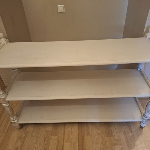 Wooden shelf with white patina used, 3 shelves, 128x40x90 cm