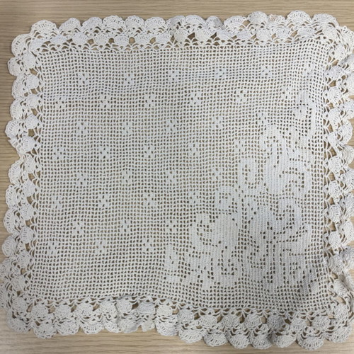 Handmade white crochet doily used, 28x28 cm