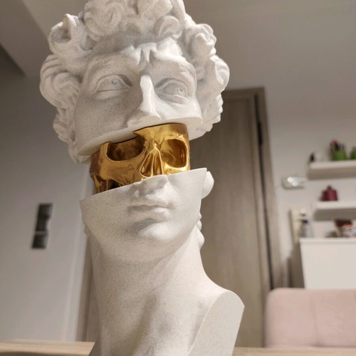 3D Printed David Bust with Gold Skull new, modern decorative art