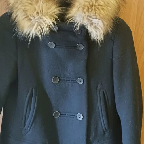 Wool coat Zara like new, blue with hood and detachable fur