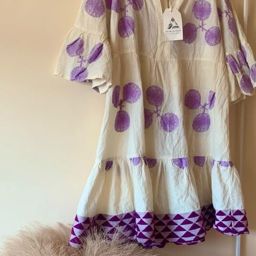 Pearl and Caviar Boho Dress new, 100% cotton with lilac details