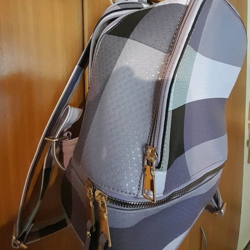 Women's backpack bag new, gray and purple faux leather