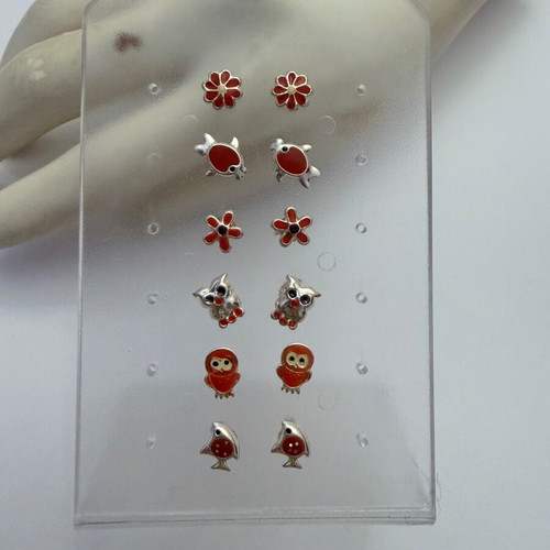 Silver 925 Earrings Set of 6 New with Red Enamel
