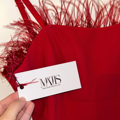 Matis midi dress new, red with natural feathers, size S