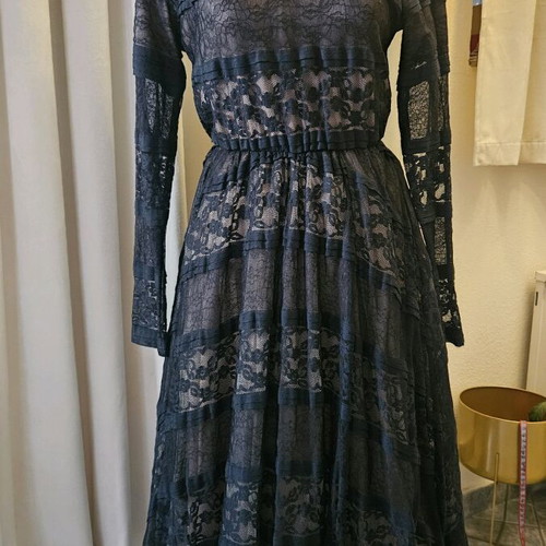 Shine Midi Black Dress with Tulle Lace and Inner Lining, New, Size M