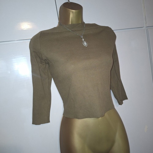 Zara khaki crop rib top t-shirt size medium wool collection