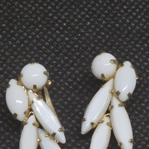 Vintage gold clip-on earrings with white marquise stones like new