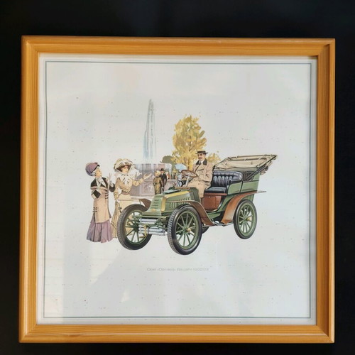 Collection of art prints with classic Opel car illustrations like new, 9 pcs