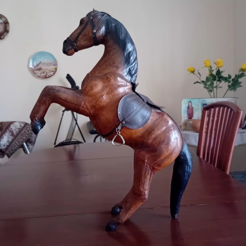 Decorative horse vintage wood and leather used, height 55cm