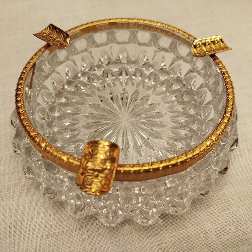 Vintage crystal ashtray with brass gold-plated rim, like new