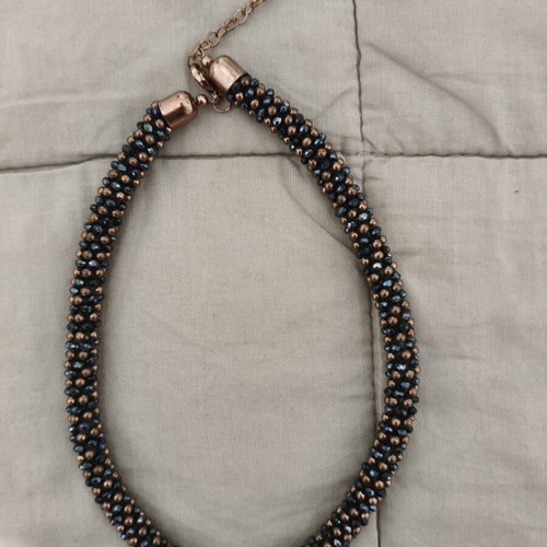 Handmade choker necklace with bead braid, like new, blue and copper