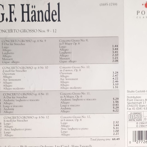 Handel Concerto Grosso 9-12 CD used, classical