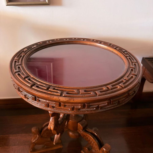 Handcrafted carved wooden coffee table with display case