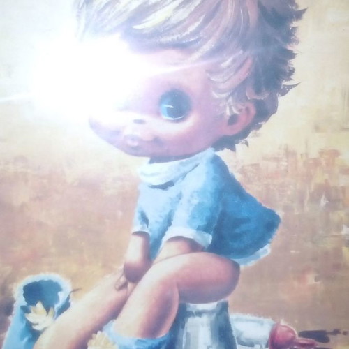 Big Eye Kids framed painting boy on potty used vintage