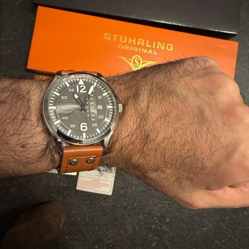 Stuhrling 3916 Aviator Day Date 41mm new, brown and silver