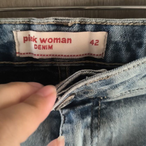 Pink Woman denim shorts used, high waist, faded blue, size XL
