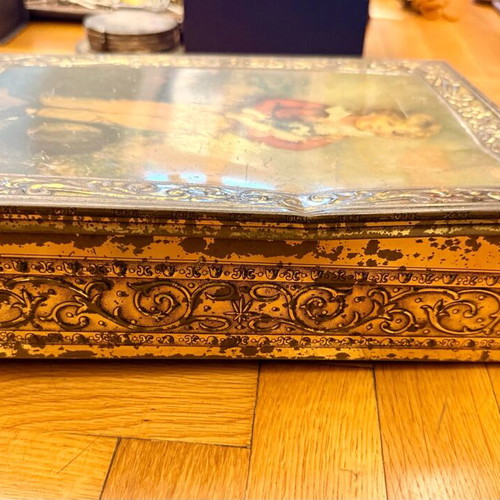 Vintage metal box with child lithograph used