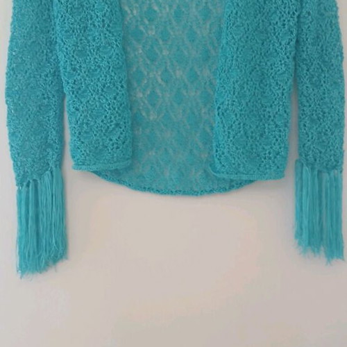 Morgan knitted short cardigan with fringes like new, turquoise