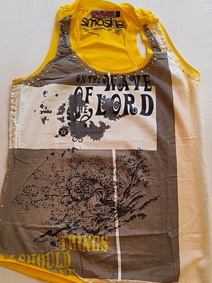 Smash Wear Y2K αμάνικη μπλούζα με graphic print και παγιέτες σαν καινούργιο, μπεζ και κίτρινο